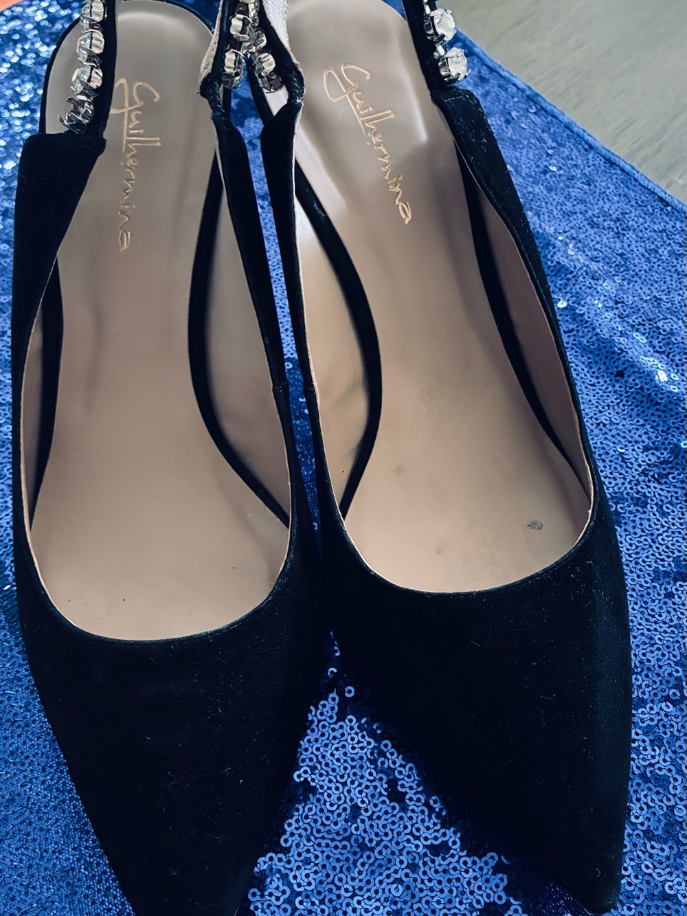 GuillerminaBlack Velvet Pointed Slingback Mules with Jewel Strap